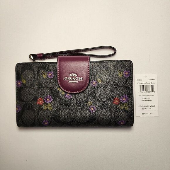 NWT Coach CM838 Tech Phone Wallet In Signature Canvas With Country Flora… - Picture 1 of 3